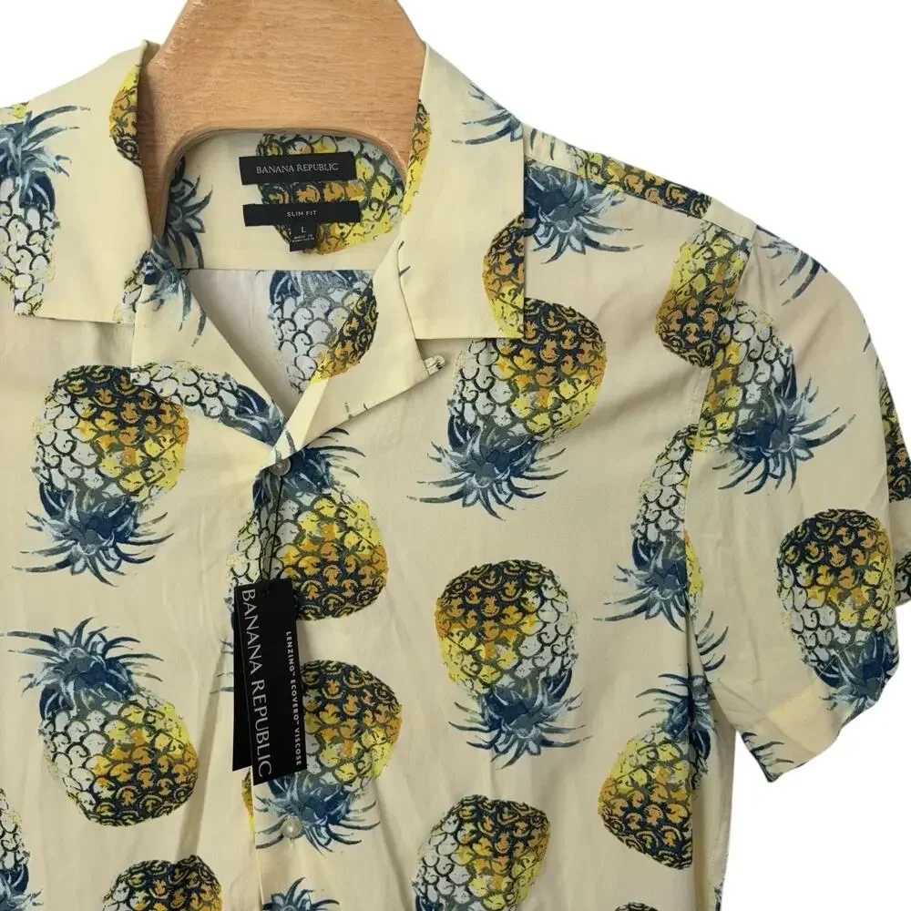 New Banana Republic Hawaiian Shirt Mens Size Large Yellow Pineapples Slim Fit